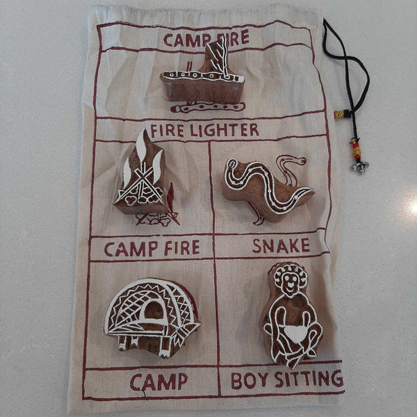 Stamps Traditional Block Print Stamps - Indigenous Camp Fire set of 5