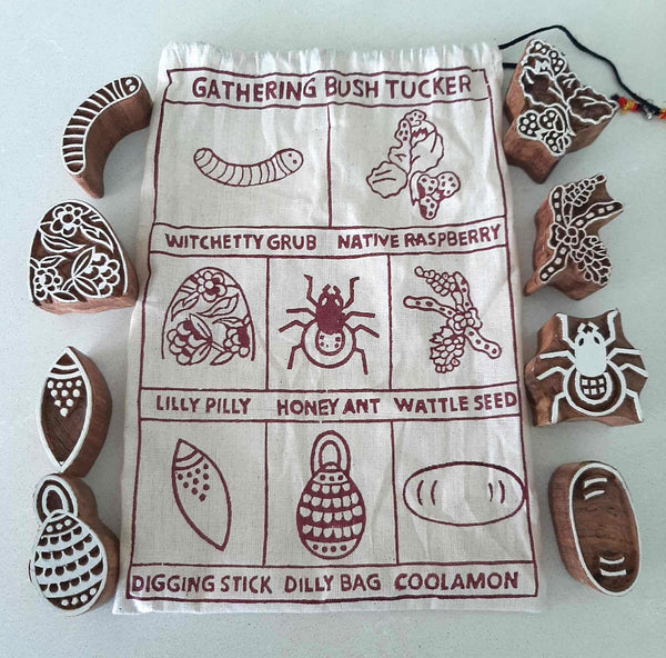 Stamps Traditional Block Print - Indigenous Bush Tucker Gathering Set of 8
