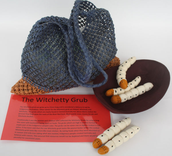 Bush Tucker Food - Witchetty Grubs, Coolamon and Dilly.